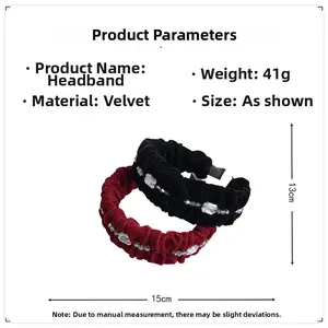 Detailed view of black and wine red velvet pleated headbands with rhinestones and beads