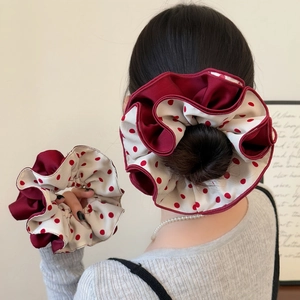 Vintage French Red Polka Dot Scrunchie Large Satin Hair Tie Elegant Double Four Layered Pleated Elastic Band For Women Hair Accessory