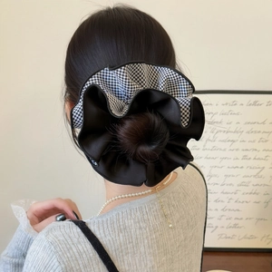 French style oversized gingham and black patchwork scrunchie with a pleated fluffy design