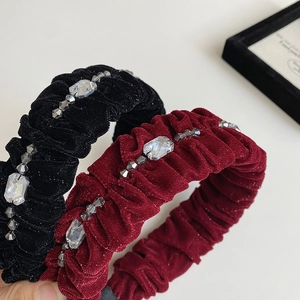 Elegant velvet pleated headband with crystal rhinestones in black and burgundy red