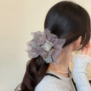 Elegant grey-purple bow scrunchie with layered organza and tweed for low ponytail