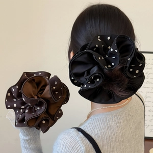 Elegant French Polka Dot Four-Layer Scrunchie Retro Satin Fabric Pleated Large Hair Tie Ponytail Holder For Women Girls