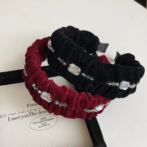 Elegant velvet pleated headband set in black and burgundy with crystal embellishments