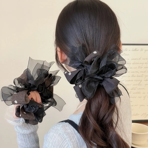 Korean Style Organza Bow Scrunchie Oversized Floral Mesh Hair Tie Elegant Polka Dot Large Scrunchies For Women Daily Hair Accessories