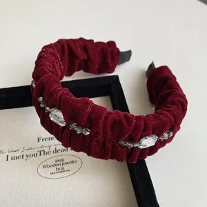 French vintage burgundy velvet pleated headband with sparkling crystal beads decor