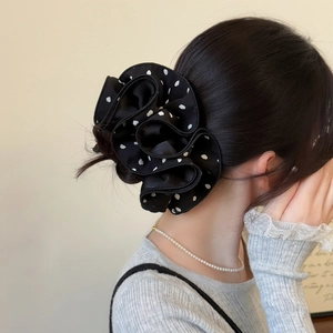 French vintage white polka dot black satin layered scrunchie for ponytail hairstyles
