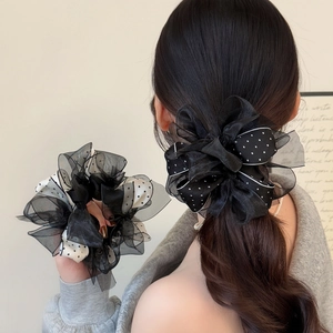 Vintage Korean Style Polka Dot Mesh Lace Scrunchies Oversized Bow Knot Hair Ties For Women Retro Fashion Hair Accessories