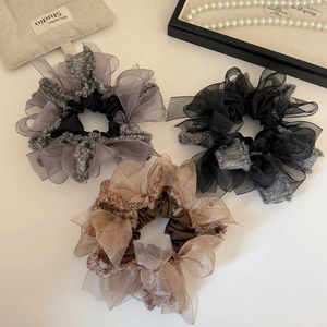 Three-piece organza scrunchies set in grey, black, and coffee for elegant hair styling