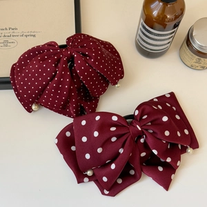Französische Vintage-Haarspangen in Weinrot mit Polka-Dots, Perlen und Seidentextur
