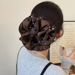 French style layered polka dot hair scrunchie in brown satin fabric for women