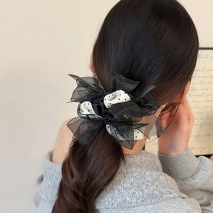Vintage black organza bow scrunchie with white polka dots for an elegant hair style