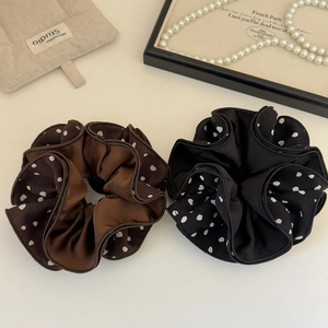 French vintage polka dot layered scrunchies in elegant black and dark brown satin