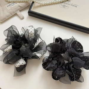 Vintage black and white polka dot mesh hair scrunchies set with elegant organza fabric
