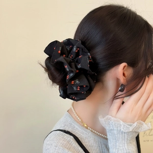 Black cherry print scrunchie with bow patterns, sweet double-layer hair accessory for women