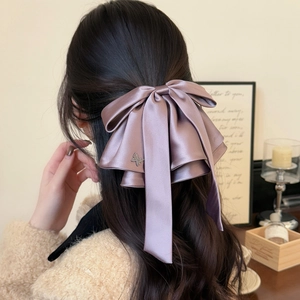 Elegant large morandi purple satin ribbon bow hair clip with chic metal butterfly detail