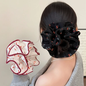 Chouchous Élégants à Imprimé Cerise à Quatre Couches Plissés Élastiques à Cheveux pour Femmes Filles Tissu Doux Accessoires