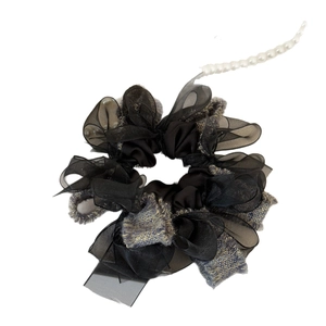Elegant black tulle and tweed scrunchie featuring a white faux pearl strand accent