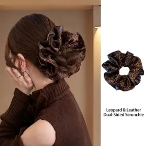 Leopard Print PU Leather Reversible Scrunchie Ruched Hair Band Vintage Fashion Large Hair Tie Accessory For Women
