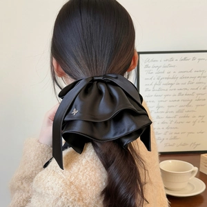 Elegant large black satin bow hair clip with crystal butterfly pendant for ponytail