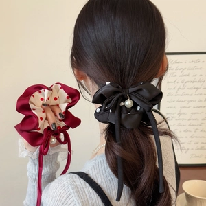 Elegant Satin Polka Dot Bowknot Scrunchie With Faux Artificial Pearl Long Ribbon Streamers French Style Hair Tie For Women Girls