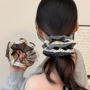 Chouchous Patchwork En Dentelle Vintage Français Pois Carreaux Attaches Cheveux Avec Noeud Pendentif Métal Accessoires Cheveux Femme