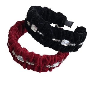Elegant velvet ruffled headband set with sparkling crystals and beads for women