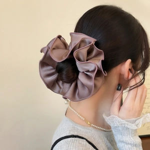 Elegant large silk-satin scrunchie in dusty rose with pleated layers for women hair