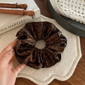 Chic leopard print double-layer satin scrunchie with a glossy vintage finish