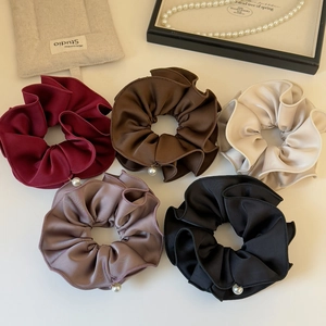Five-piece set of elegant satin hair scrunchies with white pearl charms in assorted colors