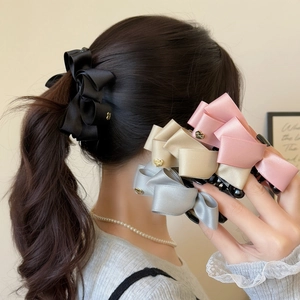 Korean Style Satin Bow Banana Hair Clip For Women Elegant Multi-layer Hairpin With Heart Charm Elegant Hair Accessories