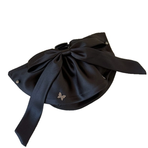 Elegant black satin bow hair claw clip with silver diamond butterfly detail for women