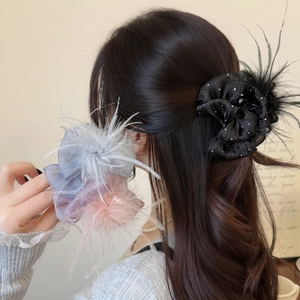Elegant Mesh Bow Hair Claw Clip With Feather Rhinestone Accents Vintage Shark Clip Sweet Hair Accessories For Women