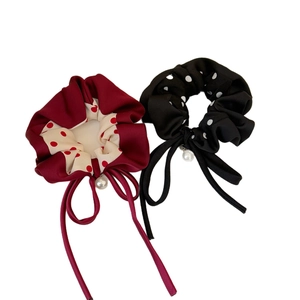 Polka dot scrunchie set with long ties and pearl pendant for elegant ponytail styling
