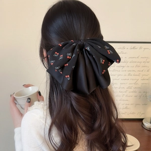 Elegante Grande Fermaglio per Capelli a Fiocco Nero da Donna Con Stampa Ciliegia Dolce Supporto per Coda di Cavallo in Tessuto Fatto a Mano
