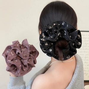 Korean Style Large Floral Fabric Scrunchie Elegant Pleated Hair Tie High Elasticity Chiffon Texture Ponytail Holder For Women Fashion Hair Accessories