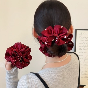 French Style Wine Red Polka Dot Scrunchie Elegant Double Layer Hair Tie Large Fabric Hair Ring Sweet Women Hair Accessory