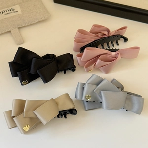 Elegant satin bow banana hair clips set in pink, black, gray with golden heart details