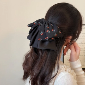 Elegante molletta per capelli a fiocco nero con stampa ciliegia per decorazione acconciatura