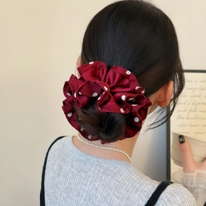 Elegant burgundy red polka dot silk scrunchie for women hair bun styling accessory