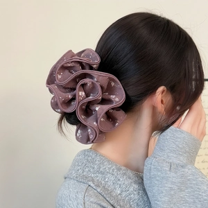 Floral print oversized scrunchie for women made of layered fabric in purple-brown color