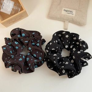 Elastici per capelli floreali vintage francesi in chiffon marrone e nero con piccoli fiori