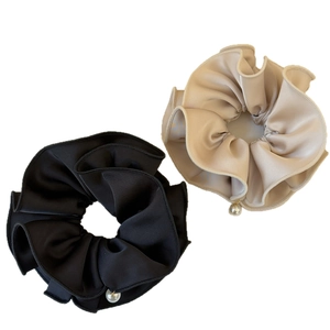Set of 2 satin silk hair scrunchies in black and beige with elegant pearl charms