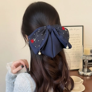 Sweet Navy Blue Large Bow Hair Clip Cloth Polka Dot Cherry Embroidered Shark Clip Artificial Pearl Vintage Ponytail Accessory Women