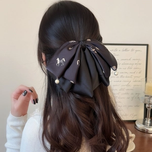 French Vintage Black Satin Bow Hair Clip With Artificial Pearl Pendant Pony Print Elegant Ponytail Claw Clip For Women Hair Accessory