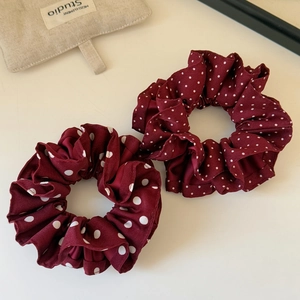 Elegant set of two burgundy red polka dot scrunchies in lightweight chiffon fabric