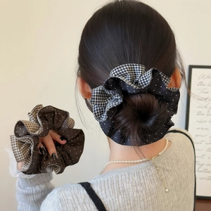 French Vintage Patchwork Polka Dot Plaid Scrunchies Elegant Fabric Elastic Hair Ties Women Daily Retro Hair Accessories