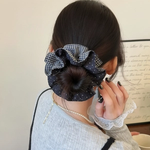French style scrunchie with polka dots and plaid pattern for elegant ponytail styling