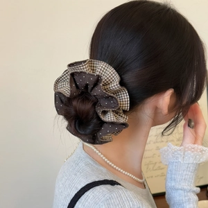 French style polka dot and plaid patchwork scrunchie for an elegant low ponytail look