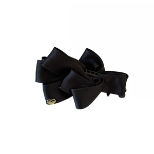 Exquisite black satin multi-layer bow hair clip with a gold heart metal charm