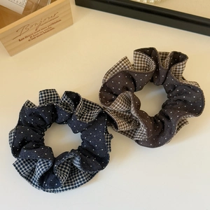 French style polka dot and plaid scrunchies in navy blue and brown colors
